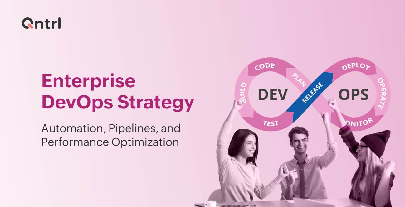 Illustration of enterprise DevOps strategy with icons representing CI/CD pipelines, automation, cloud performance, and team collaboration tools