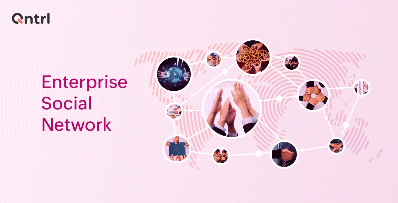 Illustration of teams collaborating through an enterprise social network integrated with a workflow platform like Qntrl